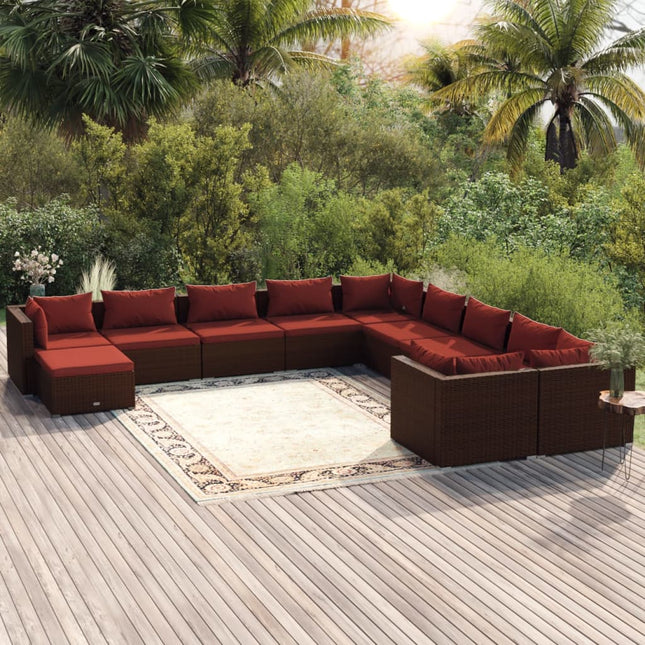 Loungeset met kussens poly rattan 6x midden + 4x hoek + voetensteun