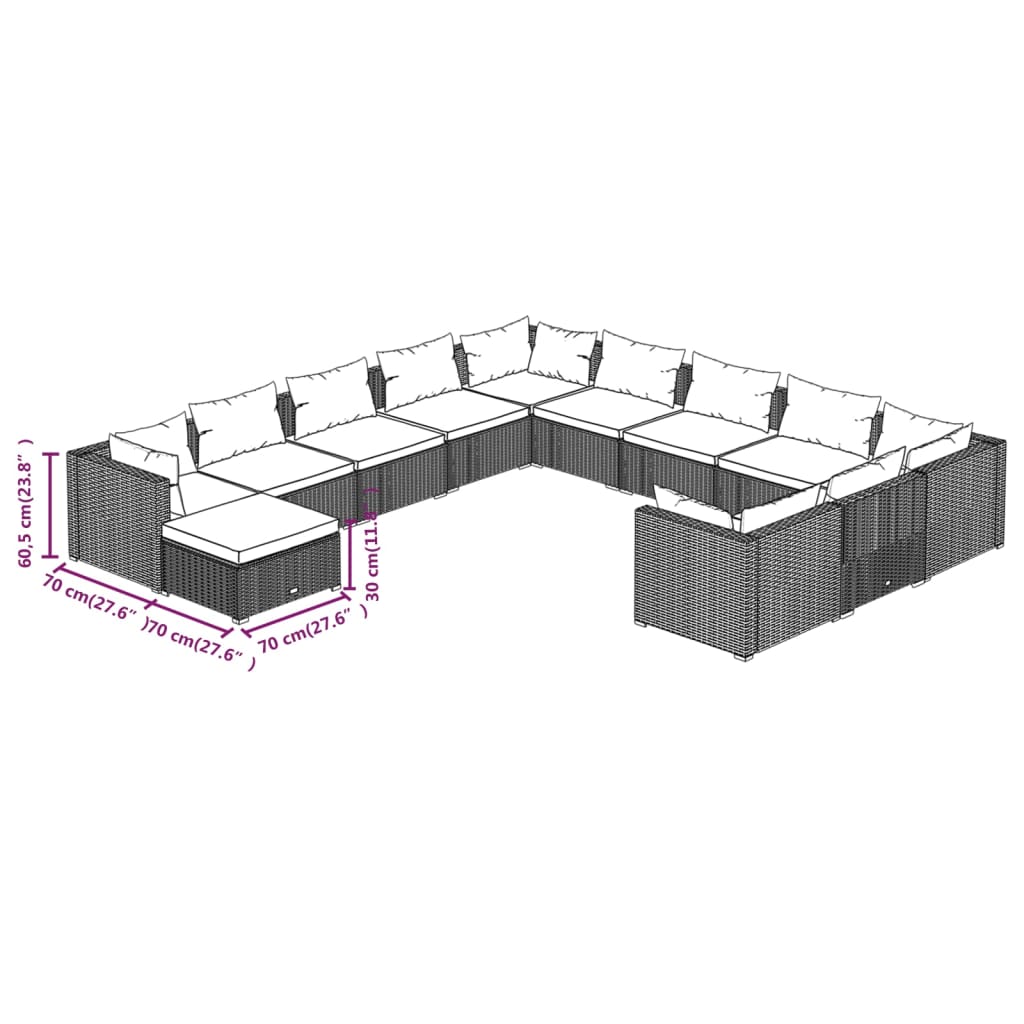 12-delige Loungeset met kussens poly rattan bruin