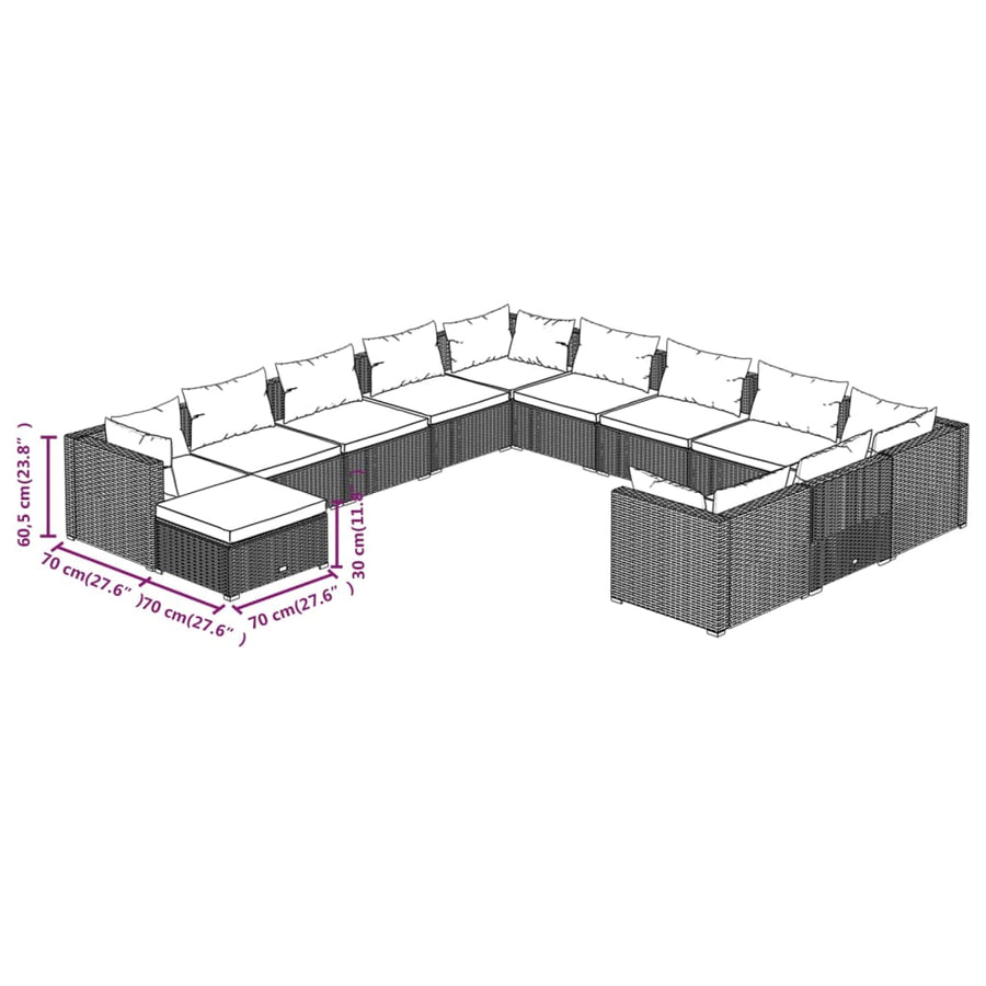 12-delige Loungeset met kussens poly rattan bruin