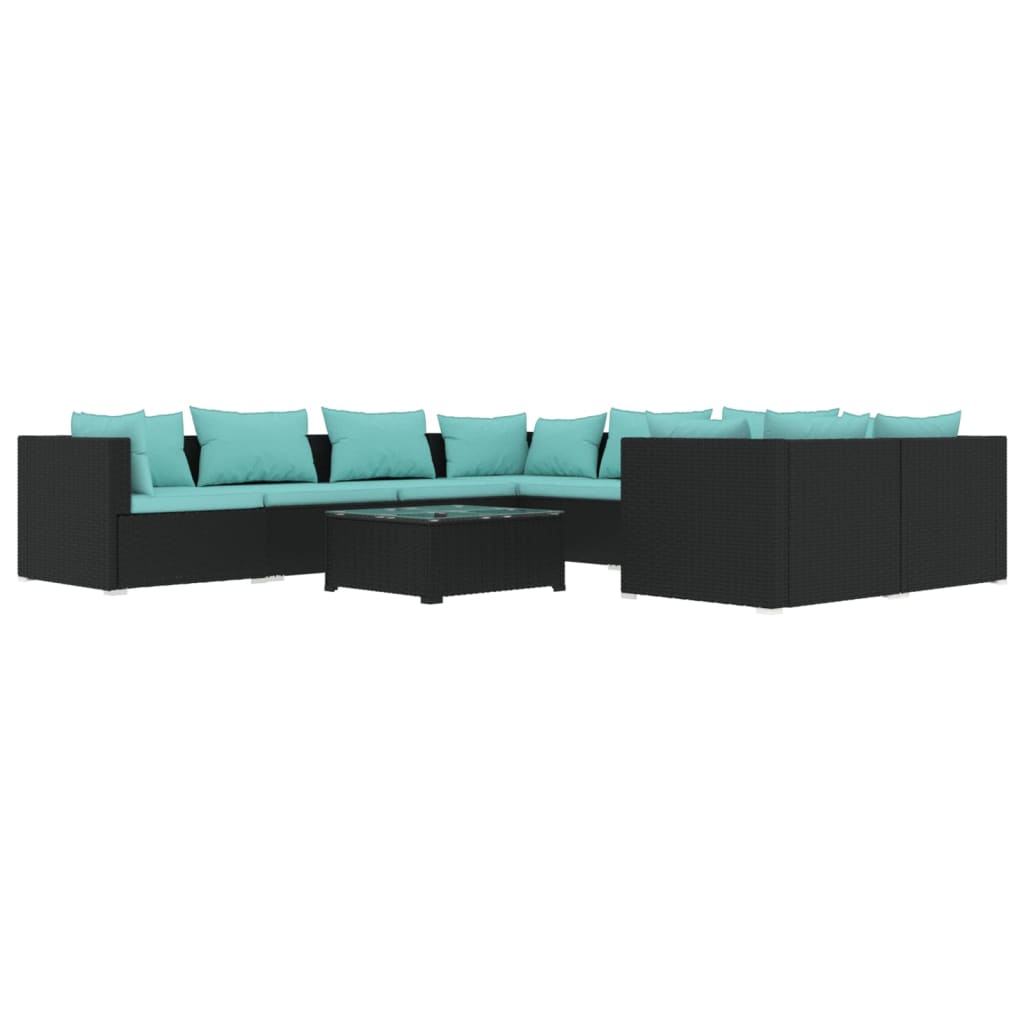 9-delige Loungeset met kussens poly rattan zwart