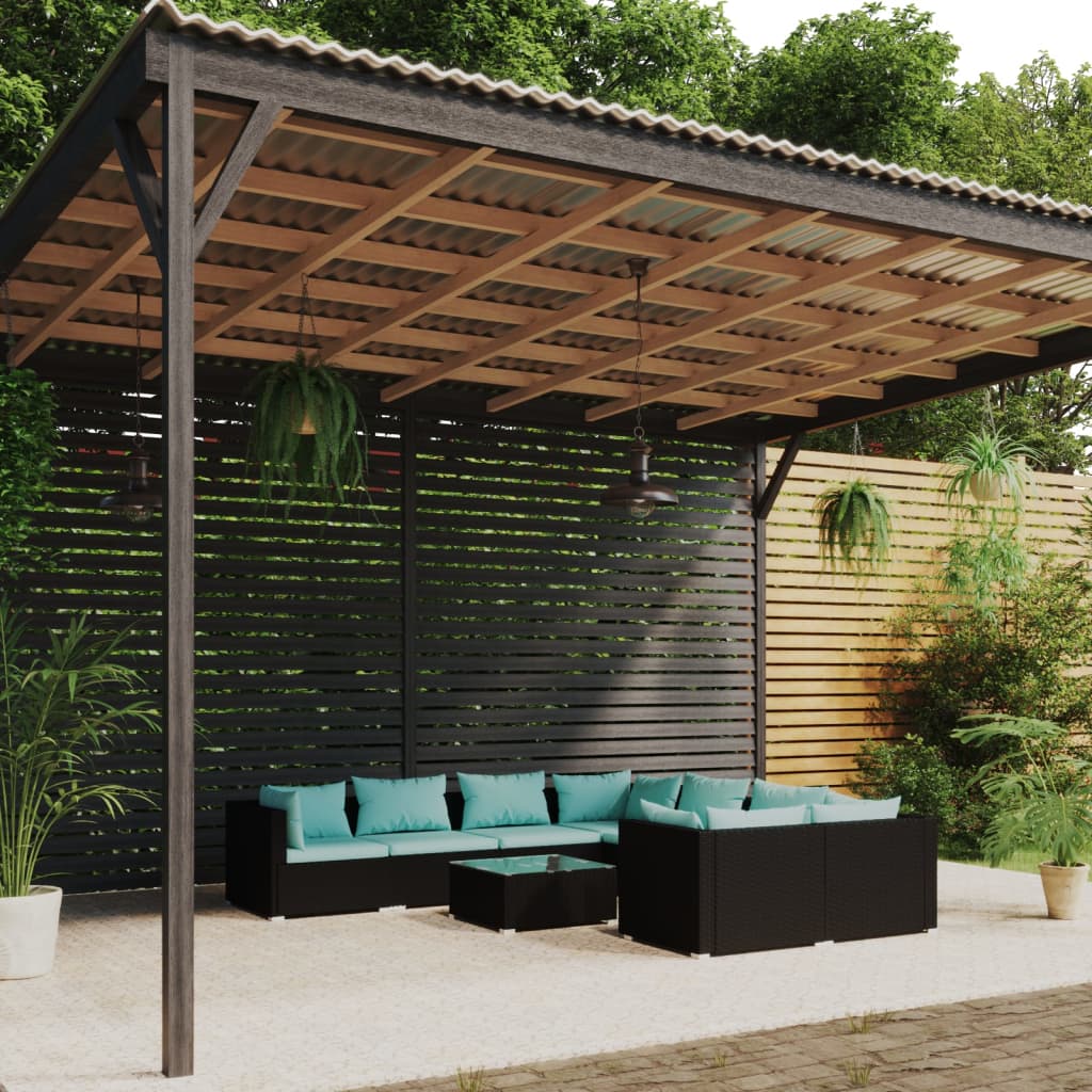 9-delige Loungeset met kussens poly rattan zwart