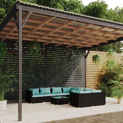 9-delige Loungeset met kussens poly rattan zwart