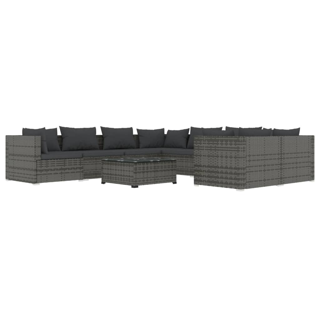 9-delige Loungeset met kussens poly rattan grijs