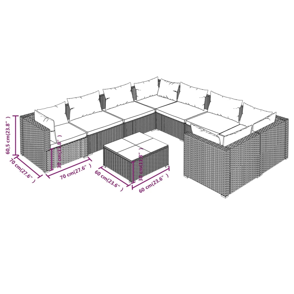 9-delige Loungeset met kussens poly rattan grijs