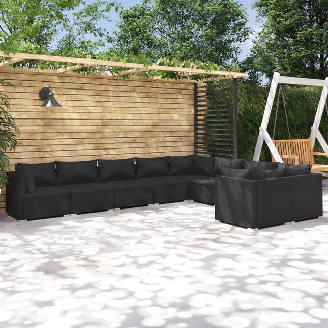 9-delige Loungeset met kussens poly rattan zwart 1 Zwart