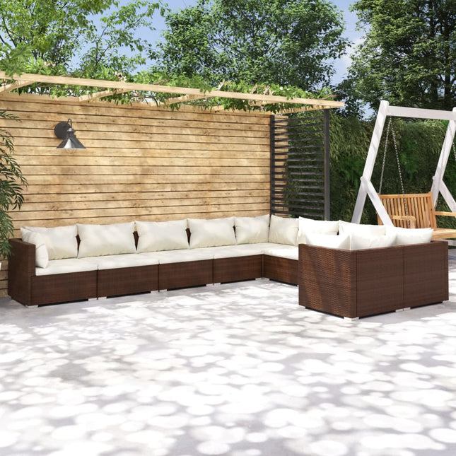 9-delige Loungeset met kussens poly rattan bruin 1 Bruin en crème