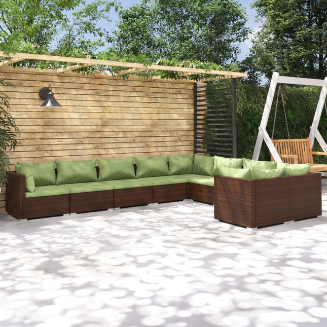 9-Delige Loungeset Met Kussens Poly Rattan Bruin En Groen 4x hoek + 5x midden