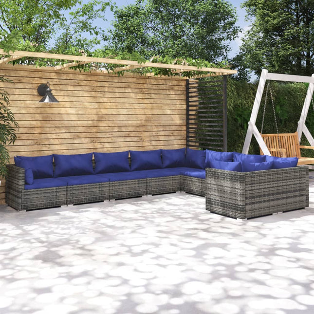 9-Delige Loungeset Met Kussens Poly Rattan Grijs En Blauw 4x hoek + 5x midden