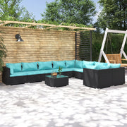 Loungeset 10-delig poly rattan zwart turquoise