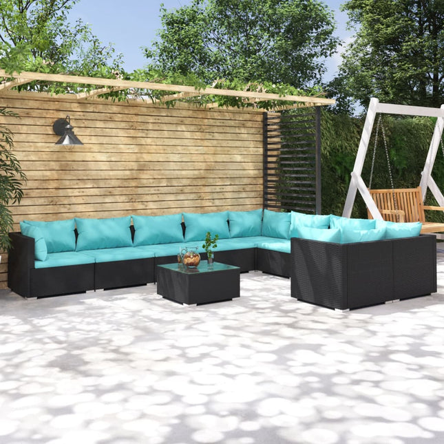 10-delige Loungeset met kussens poly rattan zwart Zwart en blauw