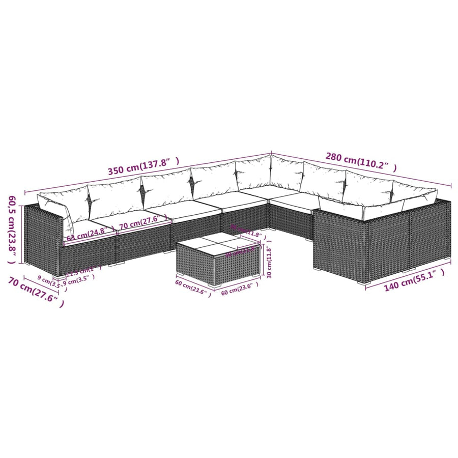 10-delige Loungeset met kussens poly rattan bruin