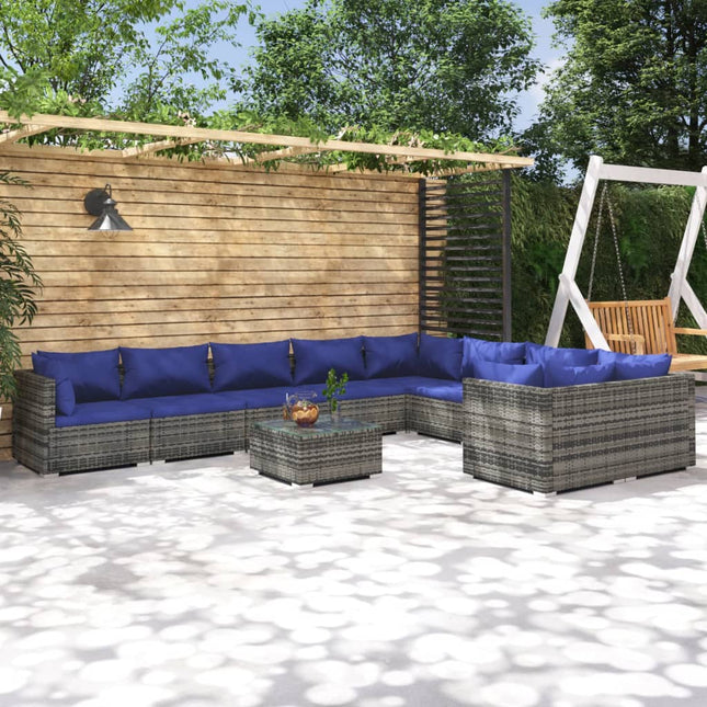 0-Delige Loungeset Met Kussens Poly Rattan Grijs En Blauw 4x hoek + 5x midden + Tafel