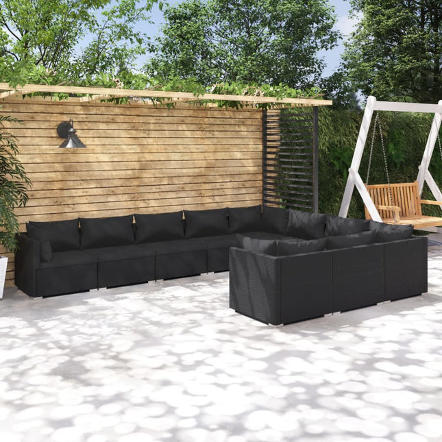 10-delige Loungeset met kussens poly rattan zwart Zwart