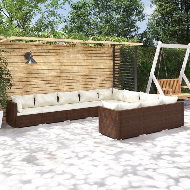 10-delige Loungeset met kussens poly rattan bruin 4x hoek + 6x midden