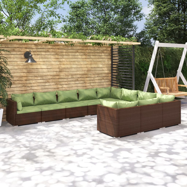 0-Delige Loungeset Met Kussens Poly Rattan Bruin En Groen 4x hoek + 6x midden