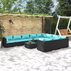 -Delige Loungeset Met Kussens Poly Rattan Zwart En Blauw 4x hoek + 6x midden + Tafel