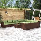 -Delige Loungeset Met Kussens Poly Rattan Bruin En Groen 4x hoek + 6x midden + Tafel