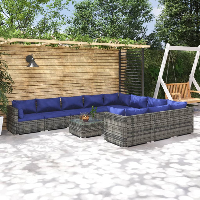 -Delige Loungeset Met Kussens Poly Rattan Grijs En Blauw 4x hoek + 6x midden + Tafel