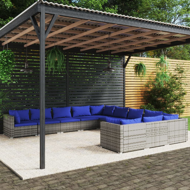 -Delige Loungeset Met Kussens Poly Rattan Grijs En Blauw 4x hoek + 7x midden