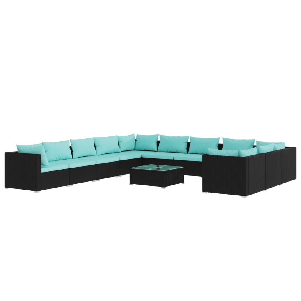 12-delige Loungeset met kussens poly rattan zwart