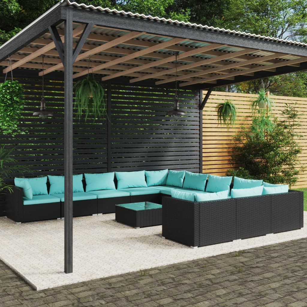 12-delige Loungeset met kussens poly rattan zwart