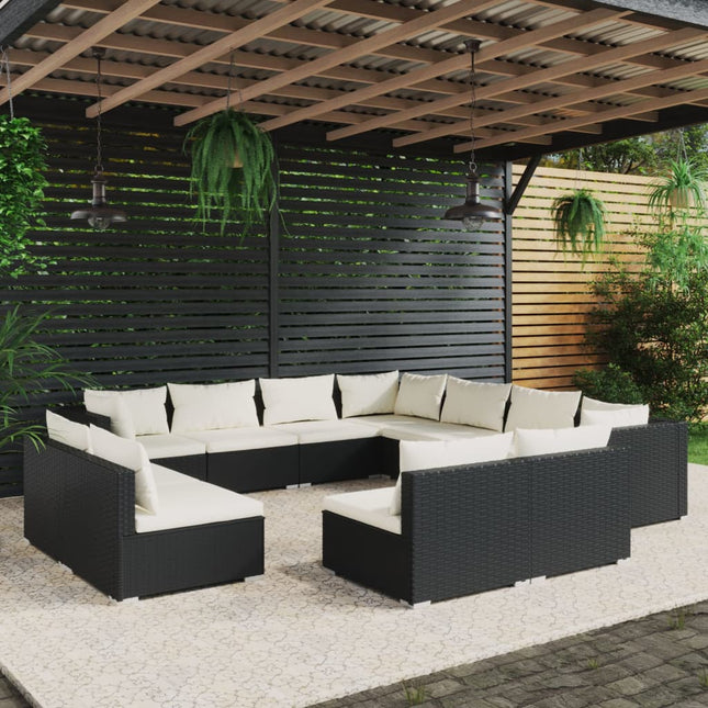 -Delige Loungeset Met Kussens Poly Rattan Zwart en crème 3x hoek + 8x midden