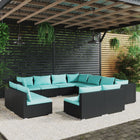 -Delige Loungeset Met Kussens Poly Rattan Zwart en waterblauw 3x hoek + 8x midden