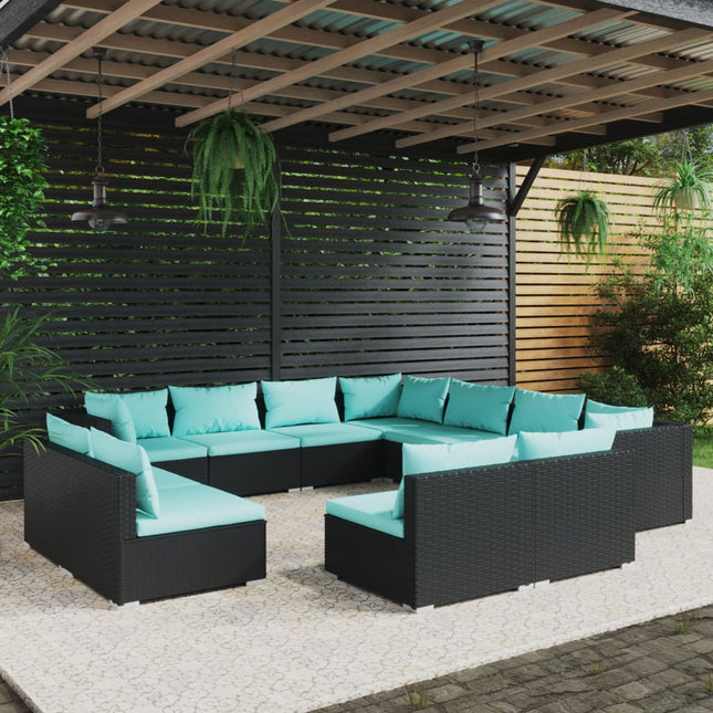 -Delige Loungeset Met Kussens Poly Rattan Zwart en waterblauw 3x hoek + 8x midden