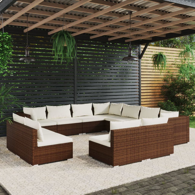 -Delige Loungeset Met Kussens Poly Rattan Bruin en wit 3x hoek + 8x midden