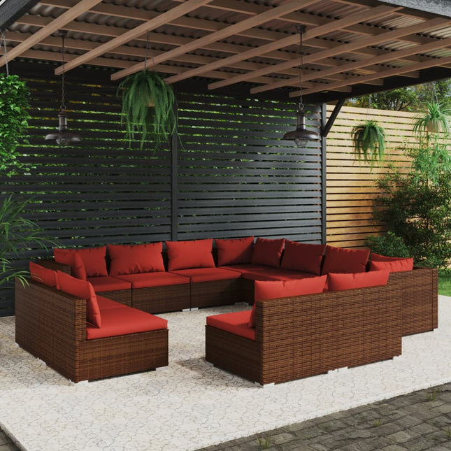 -Delige Loungeset Met Kussens Poly Rattan Bruin en kaneelrood 3x hoek + 8x midden