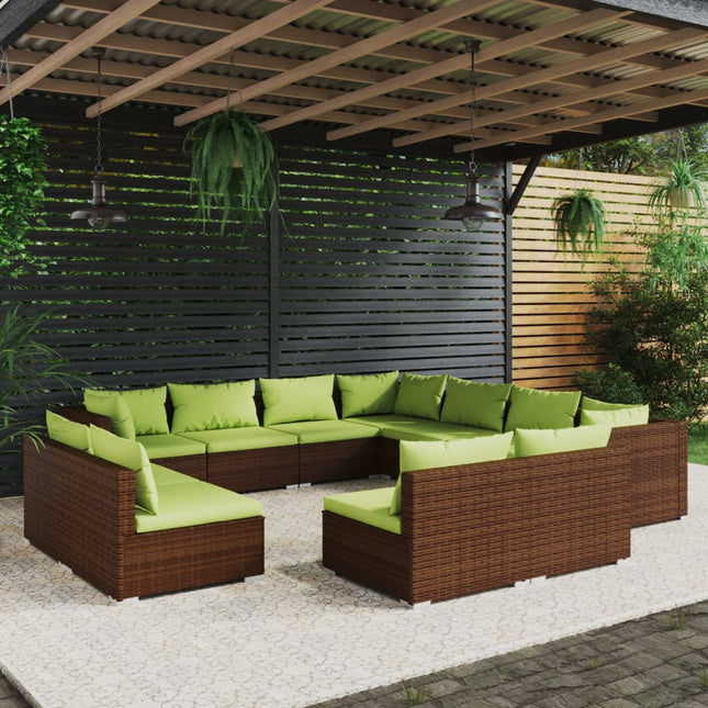 -Delige Loungeset Met Kussens Poly Rattan Bruin en groen 3x hoek + 8x midden