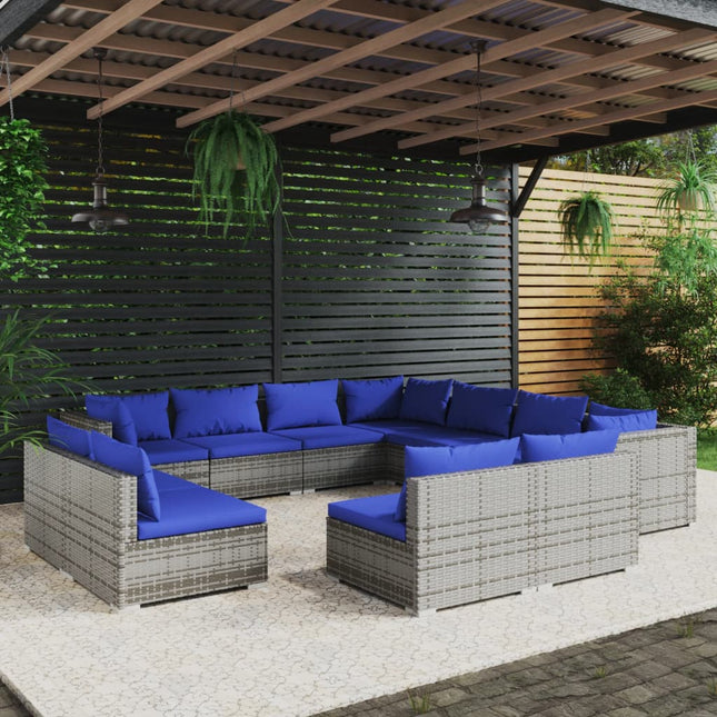 -Delige Loungeset Met Kussens Poly Rattan Grijs en donkerblauw 3x hoek + 8x midden