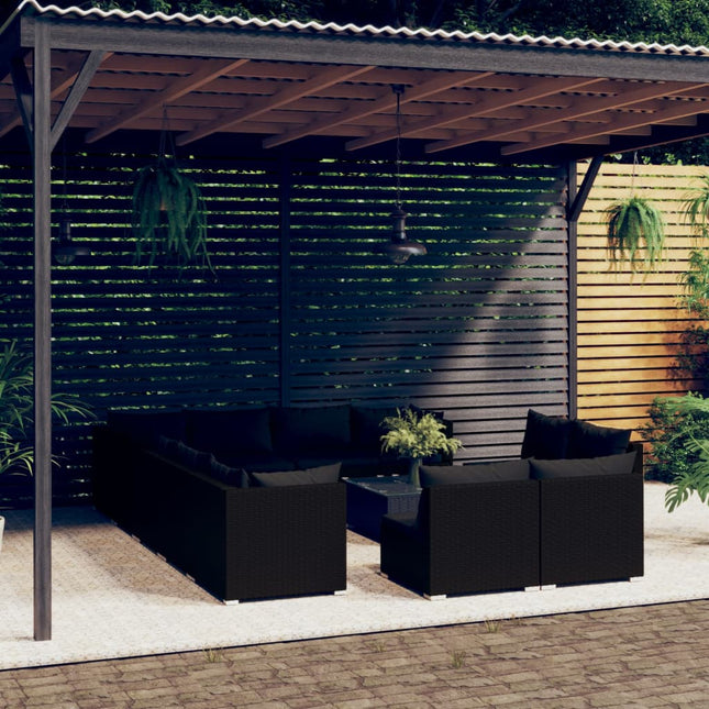 3-Delige Loungeset Met Kussens Poly Rattan Zwart 3x hoek + 9x midden + Tafel