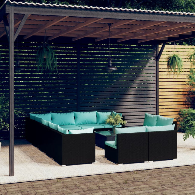 3-Delige Loungeset Met Kussens Poly Rattan Zwart en waterblauw 3x hoek + 9x midden + Tafel