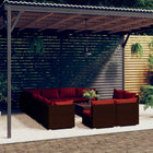 3-Delige Loungeset Met Kussens Poly Rattan Bruin en kaneelrood 3x hoek + 9x midden + Tafel