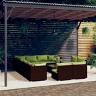 3-Delige Loungeset Met Kussens Poly Rattan Bruin en groen 3x hoek + 9x midden + Tafel