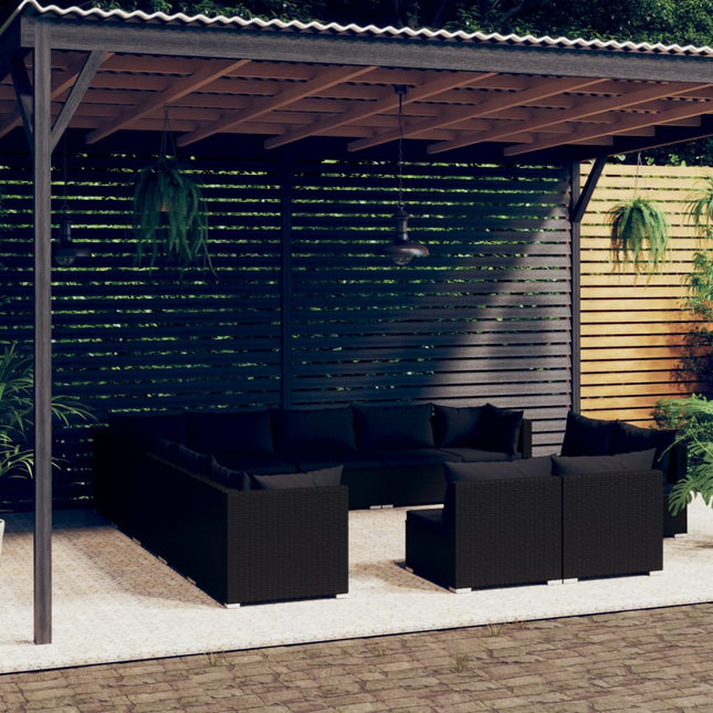 3-Delige Loungeset Met Kussens Poly Rattan Zwart 3x hoek + 10x midden