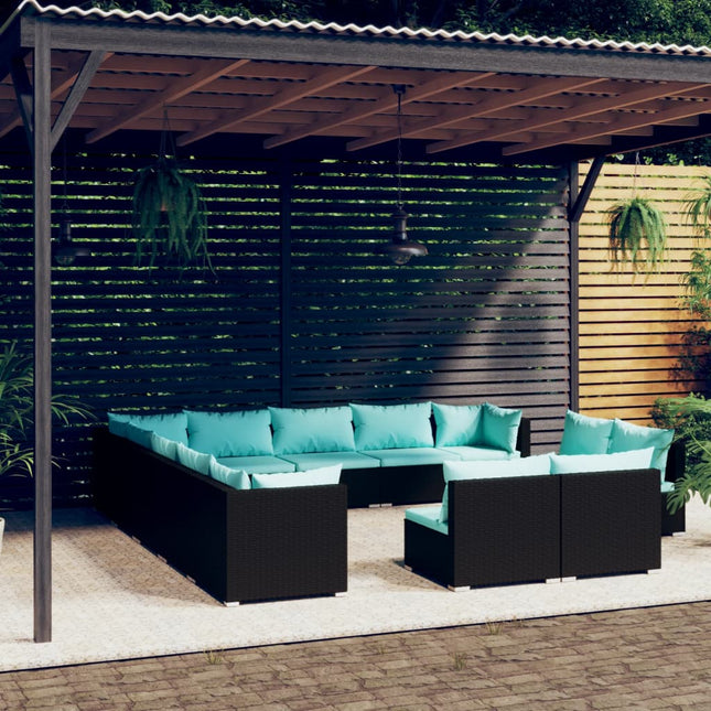 3-Delige Loungeset Met Kussens Poly Rattan Zwart en waterblauw 3x hoek + 10x midden