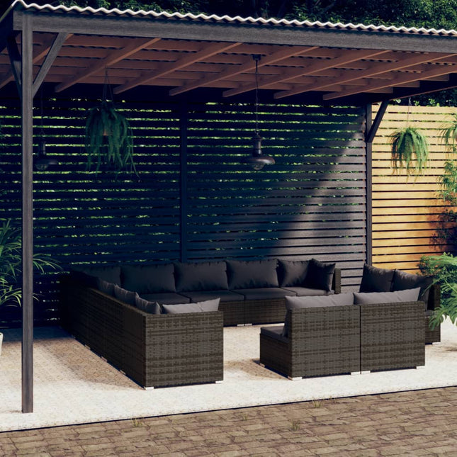 3-Delige Loungeset Met Kussens Poly Rattan Grijs en antraciet 3x hoek + 10x midden