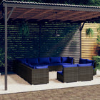 3-Delige Loungeset Met Kussens Poly Rattan Grijs en donkerblauw 3x hoek + 10x midden