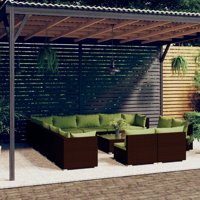 4-Delige Loungeset Met Kussens Poly Rattan Bruin en groen 3x hoek + 10x midden + Tafel