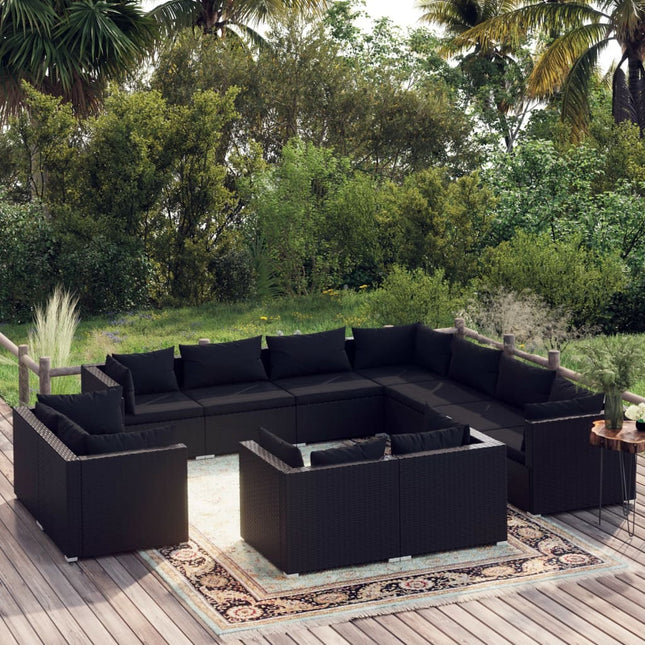 -Delige Loungeset Met Kussens Poly Rattan Zwart 7x hoek + 4x midden