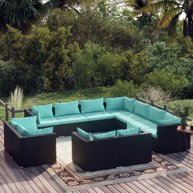 -Delige Loungeset Met Kussens Poly Rattan Zwart en waterblauw 7x hoek + 4x midden