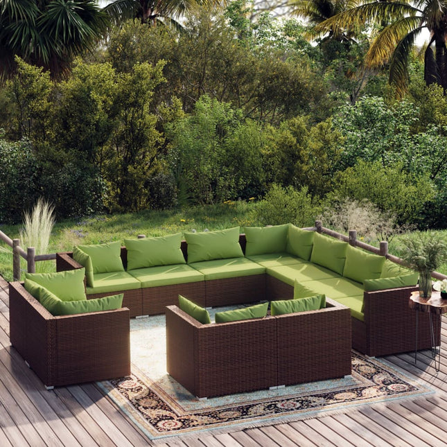 -Delige Loungeset Met Kussens Poly Rattan Bruin en groen 7x hoek + 4x midden