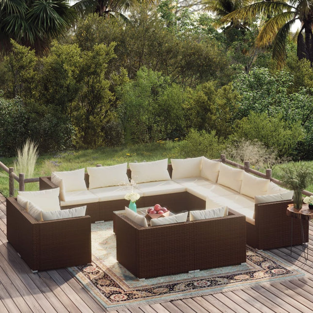 2-Delige Loungeset Met Kussens Poly Rattan Bruin en wit 7x hoek + 4x midden + Tafel