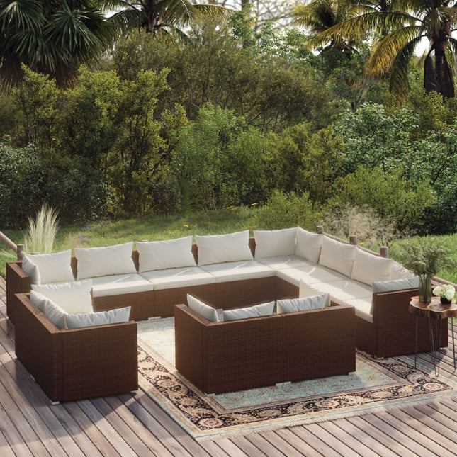 2-Delige Loungeset Met Kussens Poly Rattan Bruin en wit 7x hoek + 5x midden