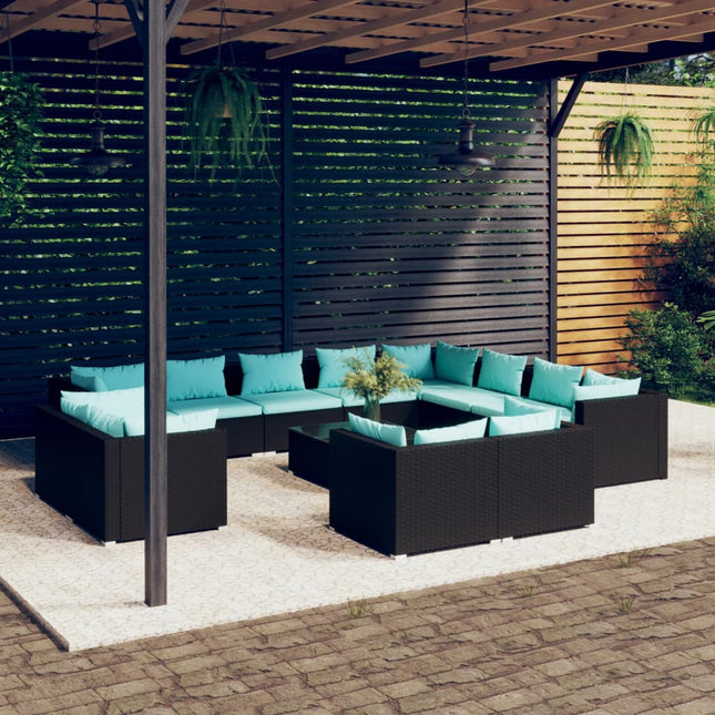 3-Delige Loungeset Met Kussens Poly Rattan Zwart en waterblauw 7x hoek + 5x midden + Tafel