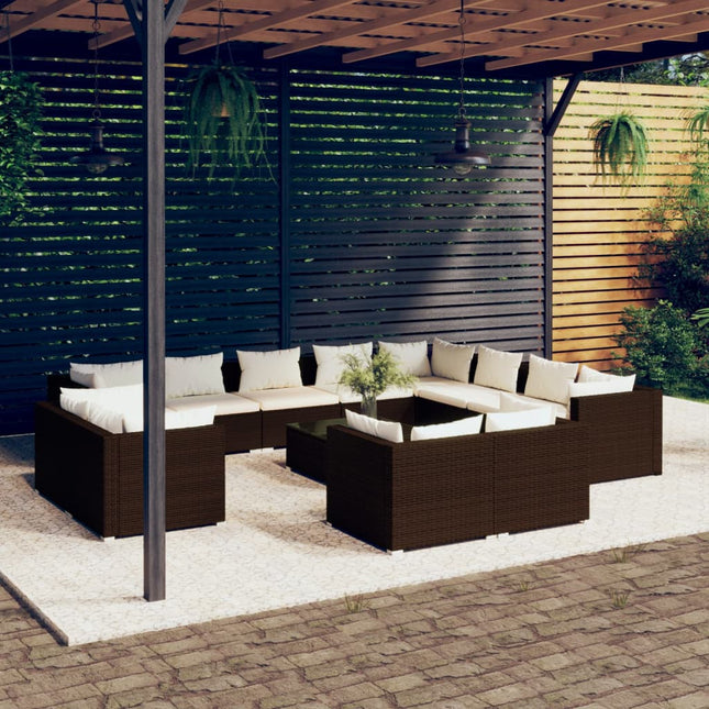 3-Delige Loungeset Met Kussens Poly Rattan Bruin en wit 7x hoek + 5x midden + Tafel