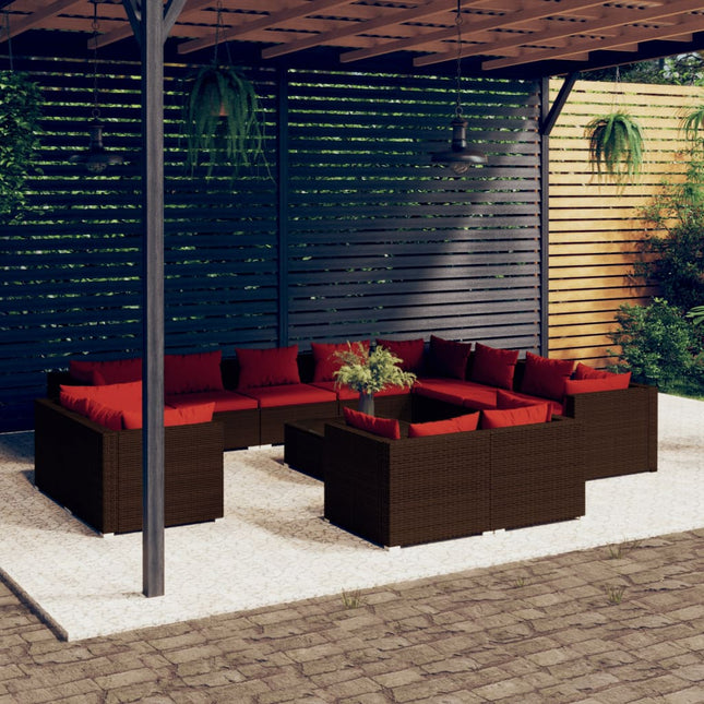 3-Delige Loungeset Met Kussens Poly Rattan Bruin en kaneelrood 7x hoek + 5x midden + Tafel