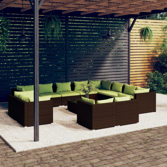 3-Delige Loungeset Met Kussens Poly Rattan Bruin en groen 7x hoek + 5x midden + Tafel